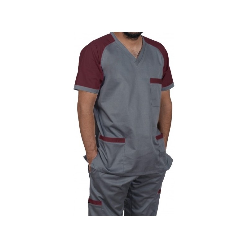 Male Basic Nursing Dress-Maroon Gray Contrast